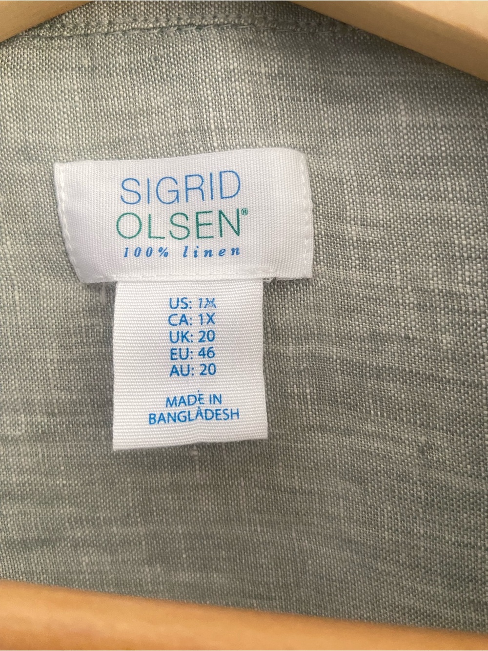 SIGRID OLSEN 100% Linen Shirt 1X Sage Green Button Roll Tab Sleeve Blouse - Picture 4 of 7